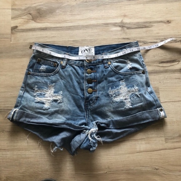 One Teaspoon Blue Distressed Jean Shorts - Picture 3 of 7